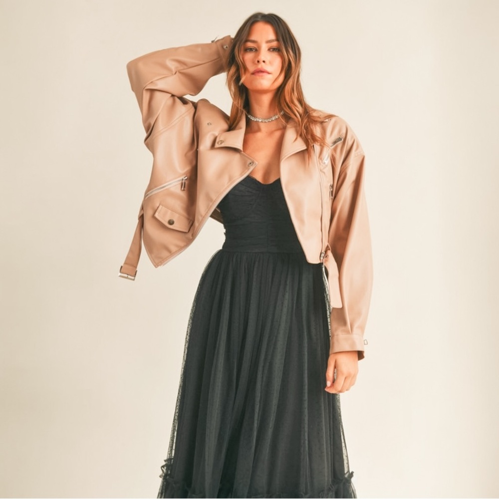 Stylish Cropped Faux Leather Moto Jacket with Belt in Taupe Dark Blush
